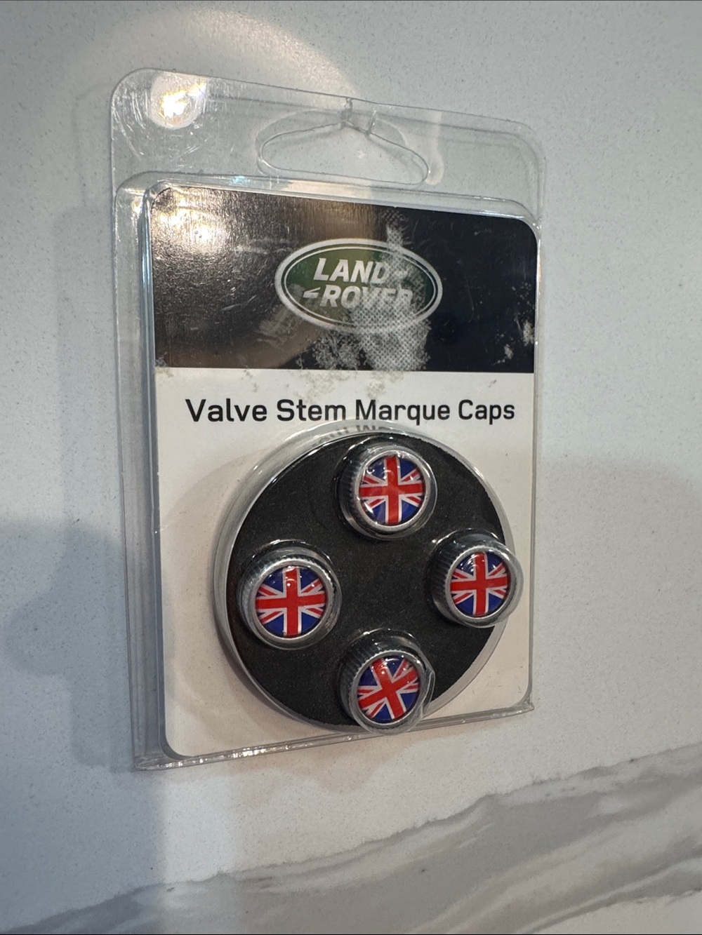 Land Rover Union Jack Valve Stem Caps - Black/Red/Blue Set of 4